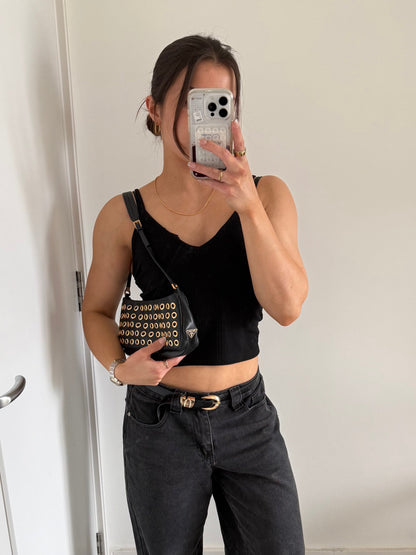 2000s Prada Black Leather Grommet Shoulder Bag | O/S, Black