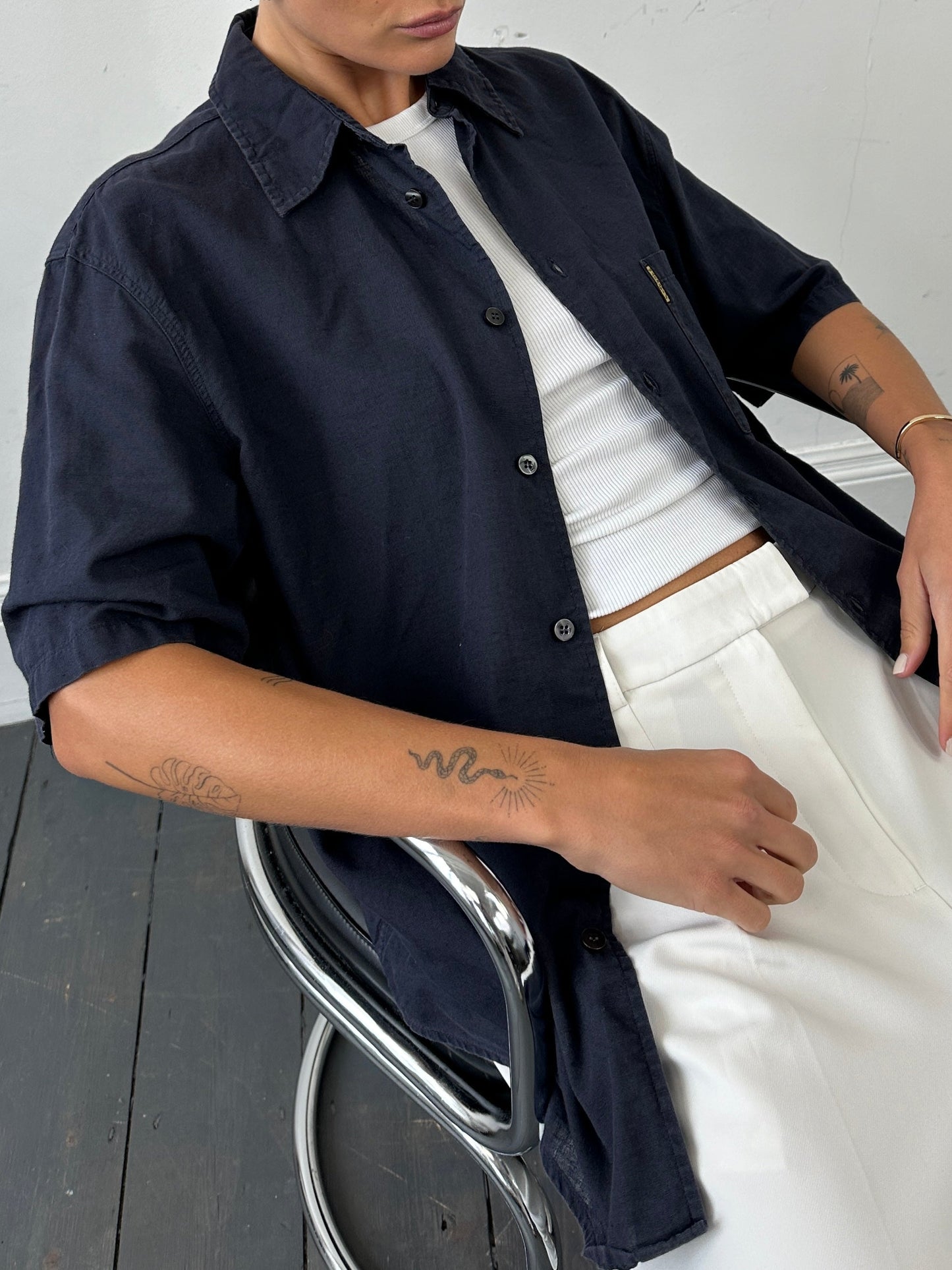 Armani Jeans Cotton Linen Logo Short Sleeve Shirt - L