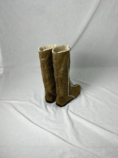 PRADA SHEARLING MID CALF BOOT | Default Title, Brown