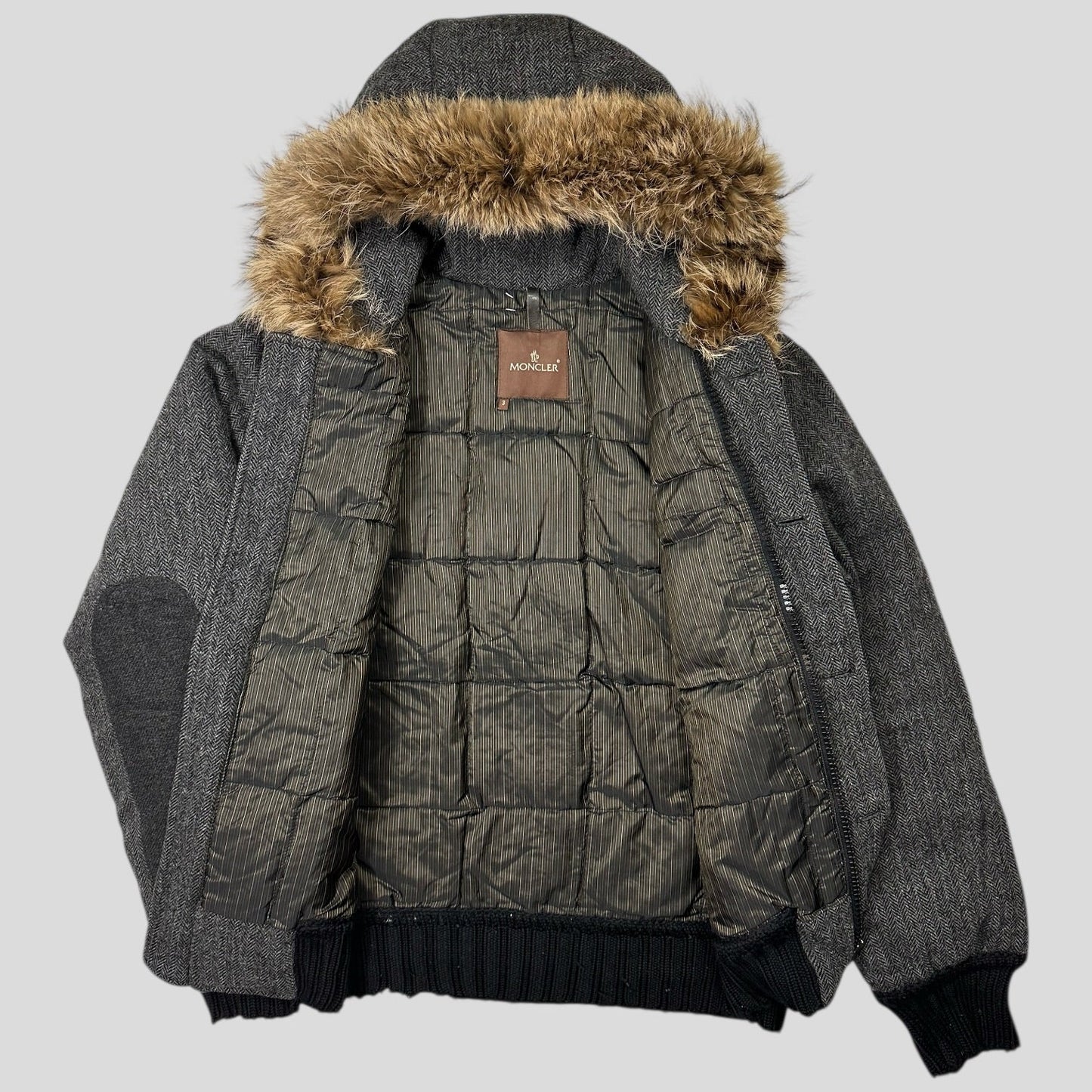 Moncler 00’s Herringbone Wool Down Detachable Fur Jacket - 3 (L) | Default Title, Brown