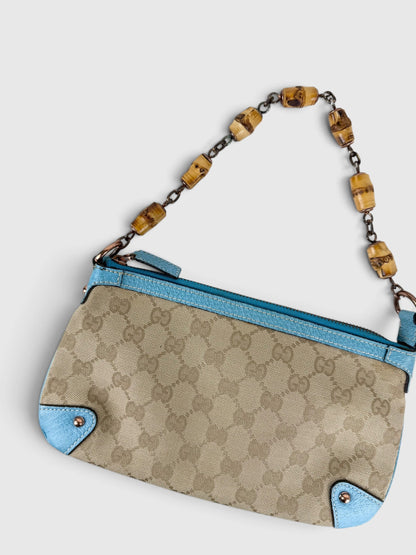 Vintage 90s Gucci Monogram Mini Bamboo Chain Shoulder Bag | O/S, Beige, Blue