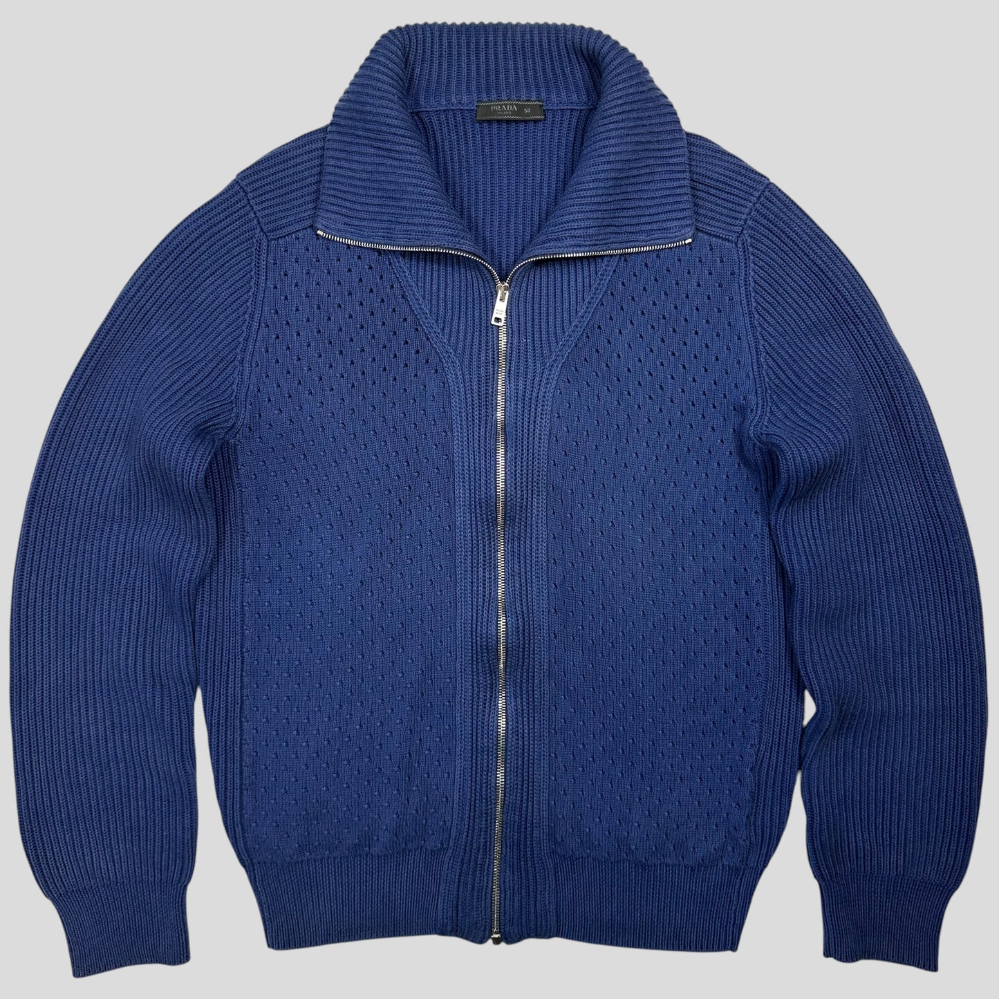 Prada Milano 2018 Perforated Heavy Cable Knit Cardigan Jacket - M | Default Title, Blue