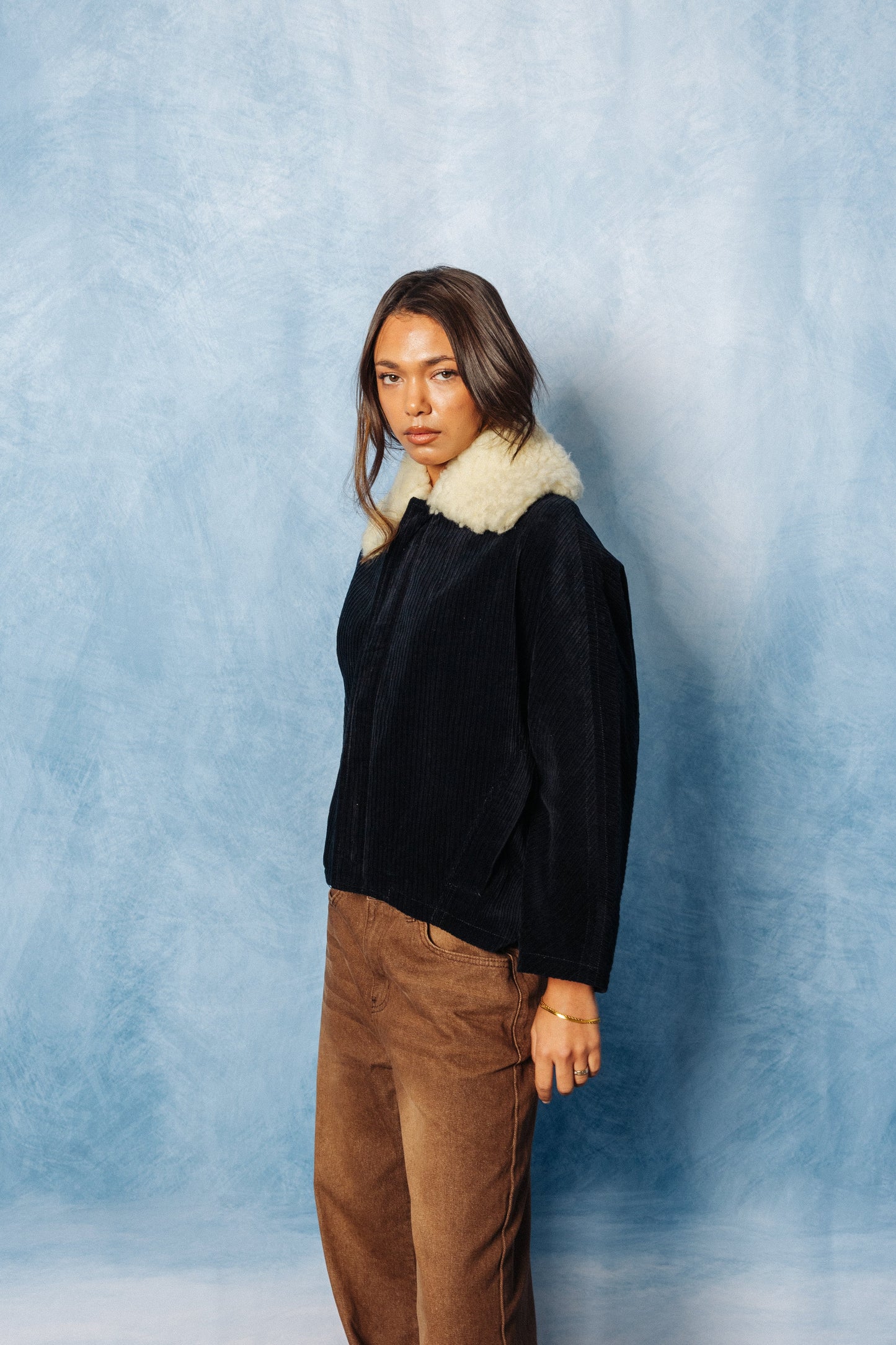 Y'S Yohji Yamamoto Shearling Collar Corduroy Bomber Jacket