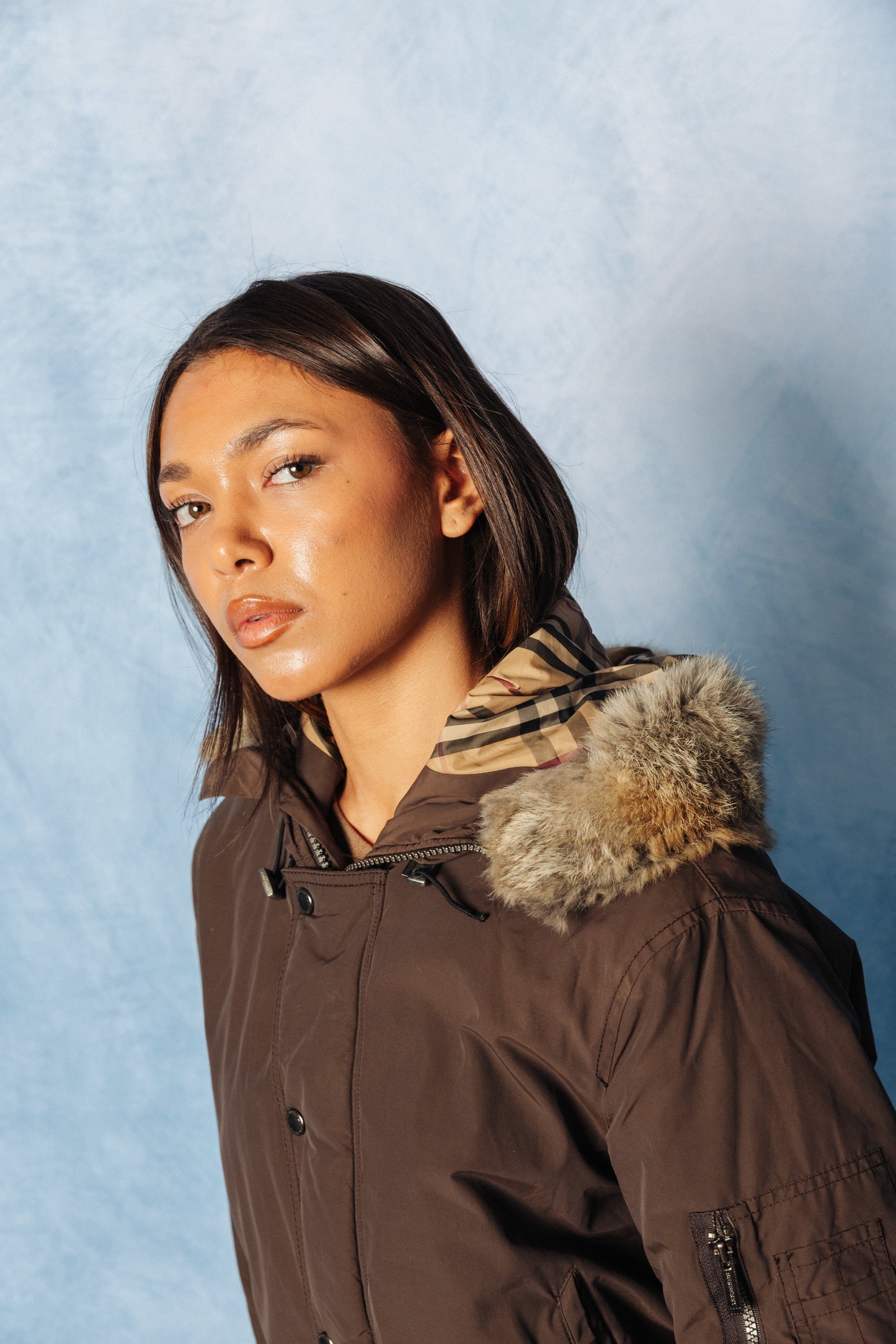 Burberry Fur Trim 2-NB Brown Military Bomber Jacket