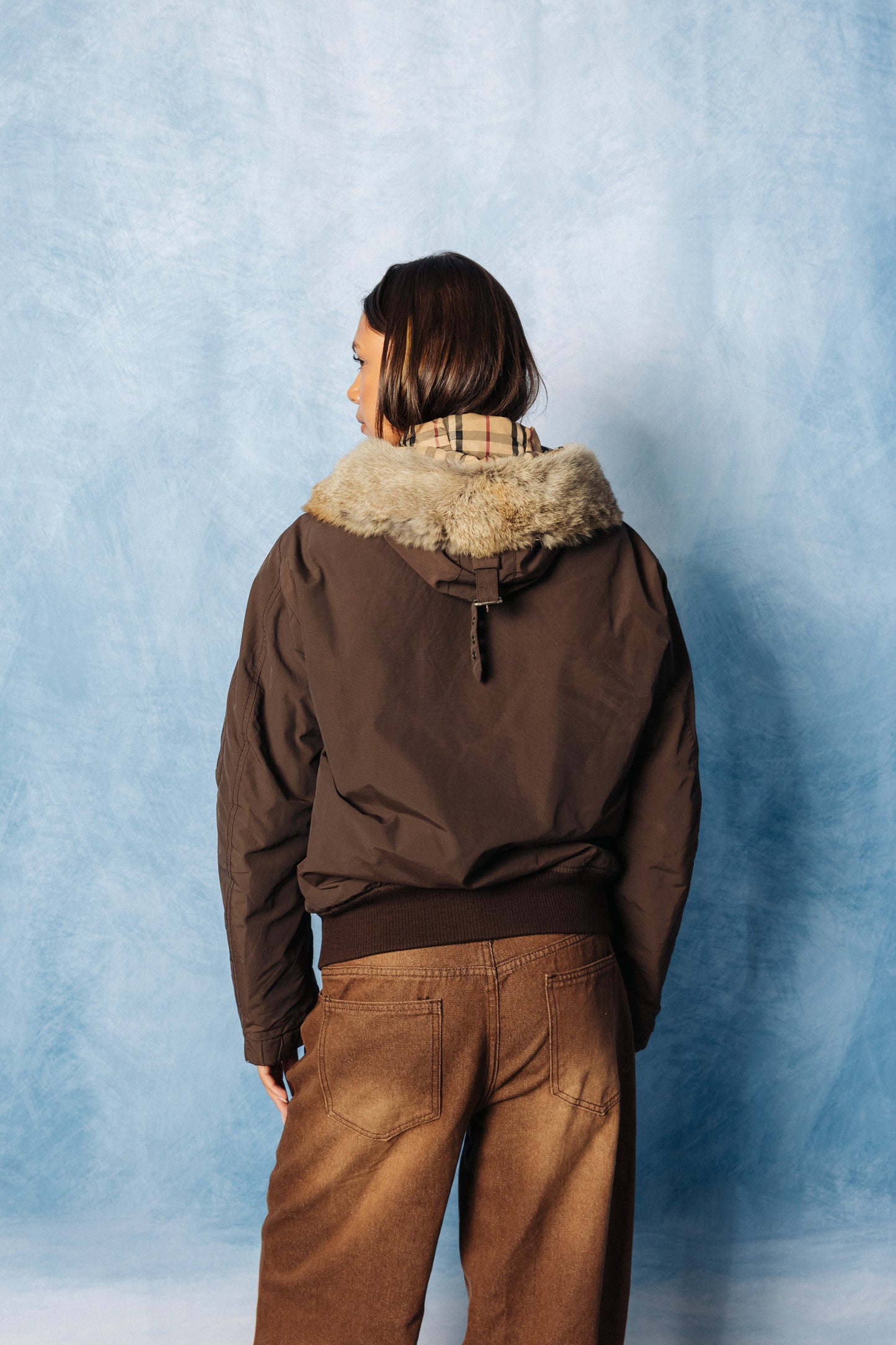 Burberry Fur Trim 2-NB Brown Military Bomber Jacket