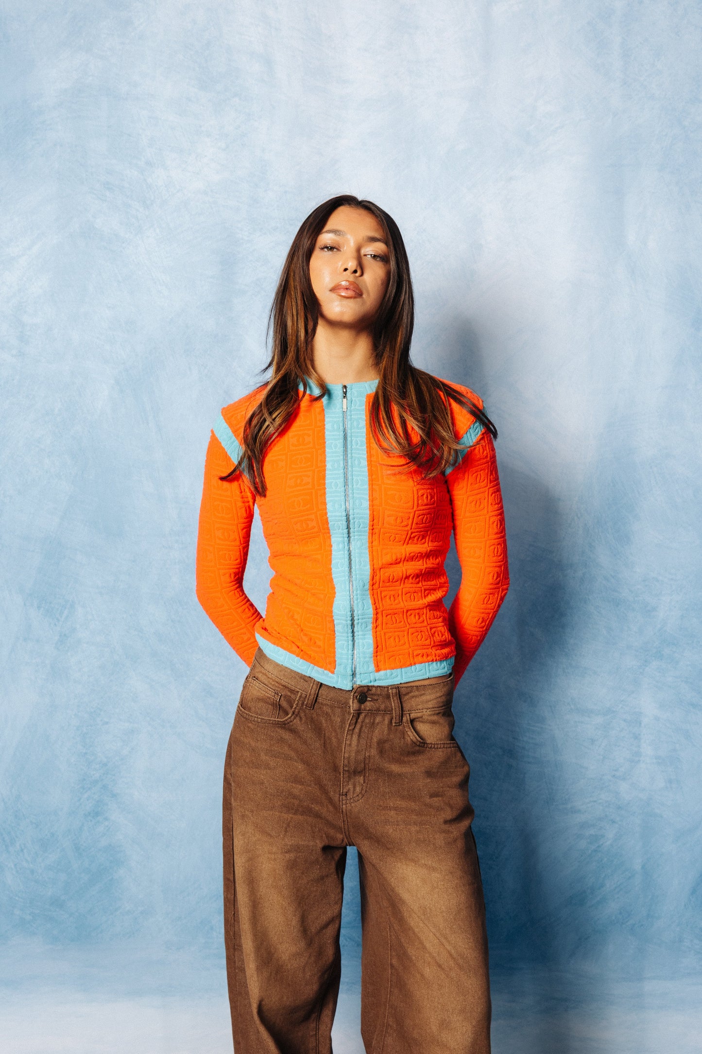 2002 Chanel Sport Orange & Blue Terry Cloth Zip Up Jacket