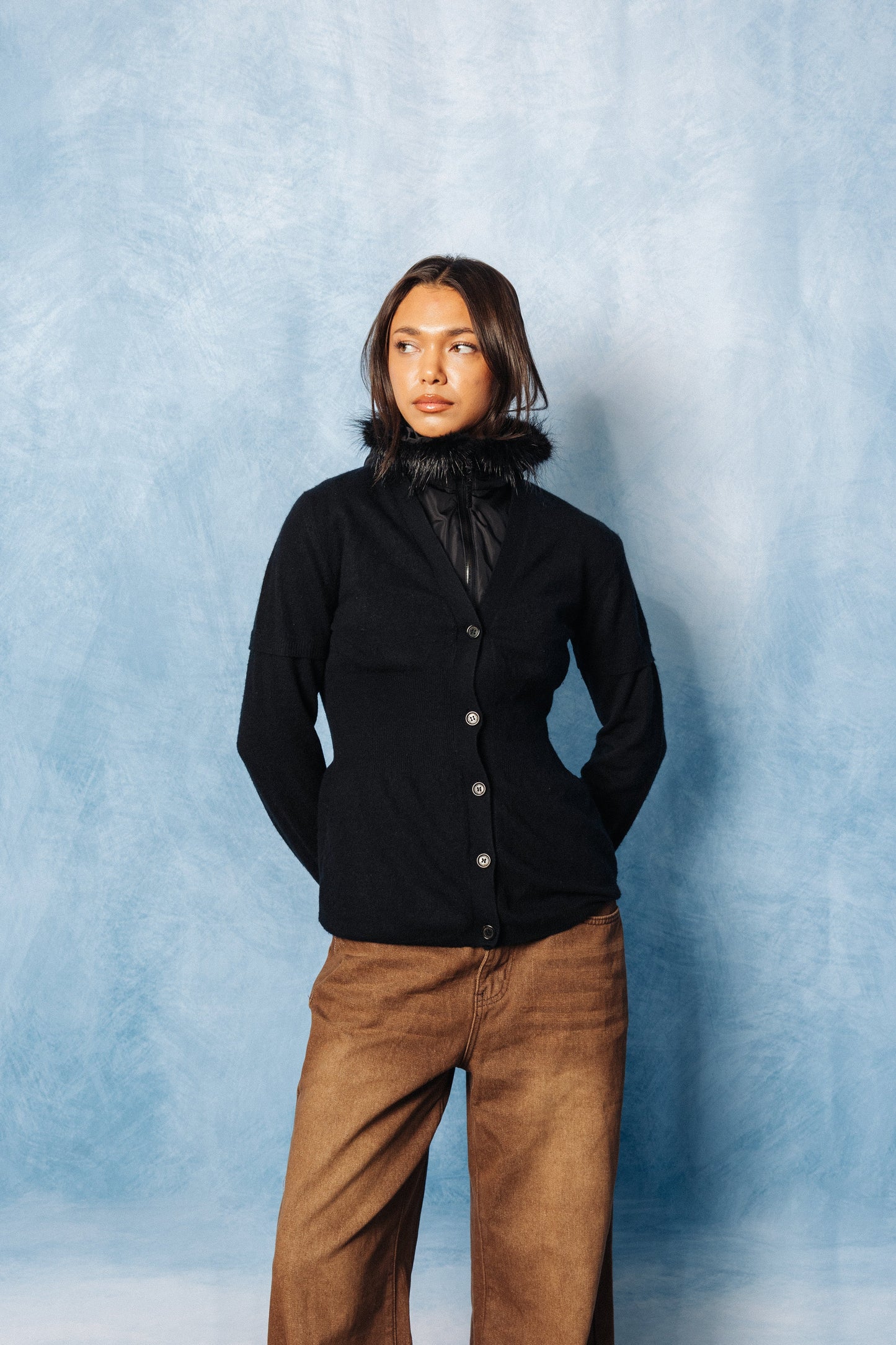 Prada Double Layered Fur Trim Technical Cardigan