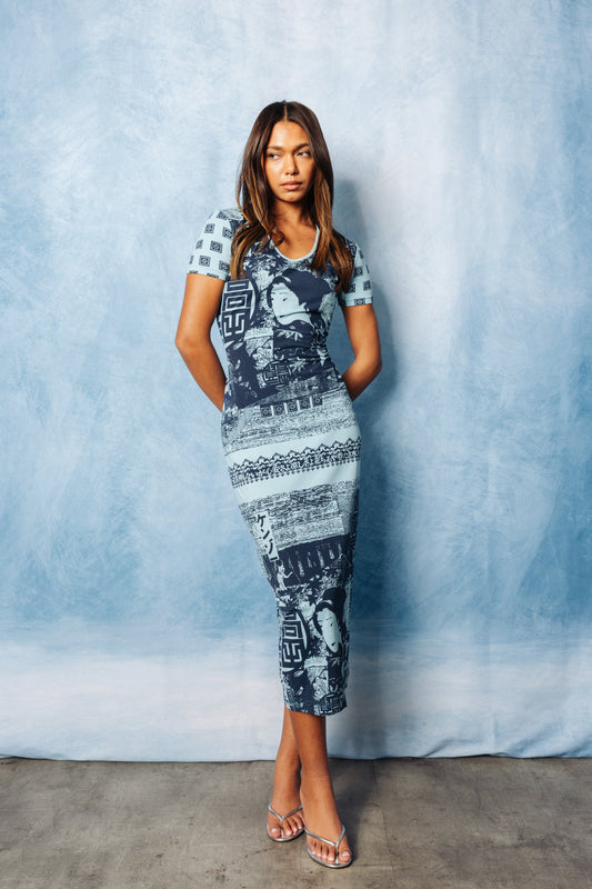 1990's Kenzo Jeans Geisha Print Stretch Maxi Dress