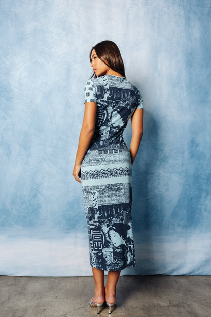 1990's Kenzo Jeans Geisha Print Stretch Maxi Dress