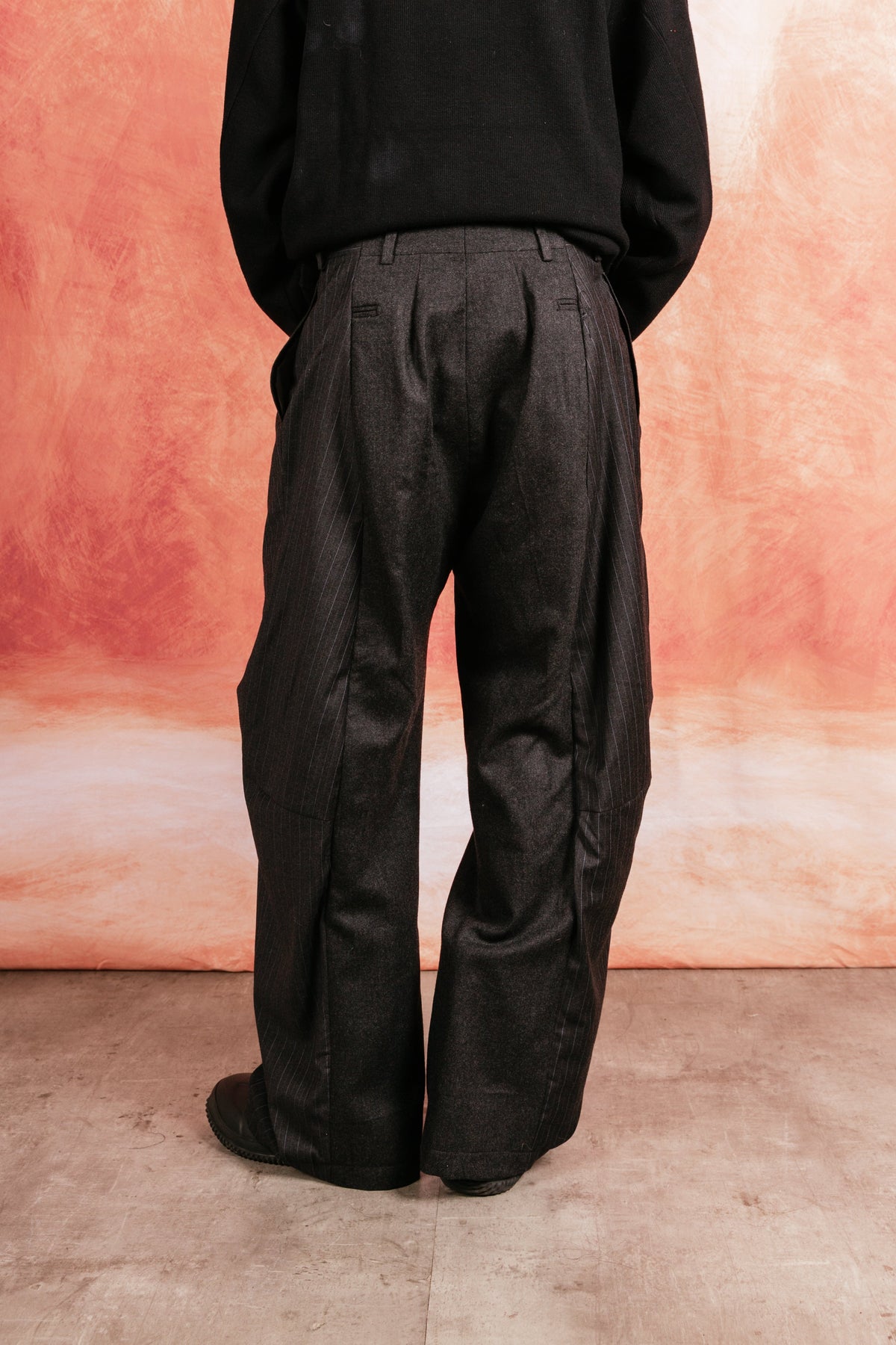 VT Rework: Oversized Wool Felt Pinstripe Patch Suit Trousers | Medium, Charcoal