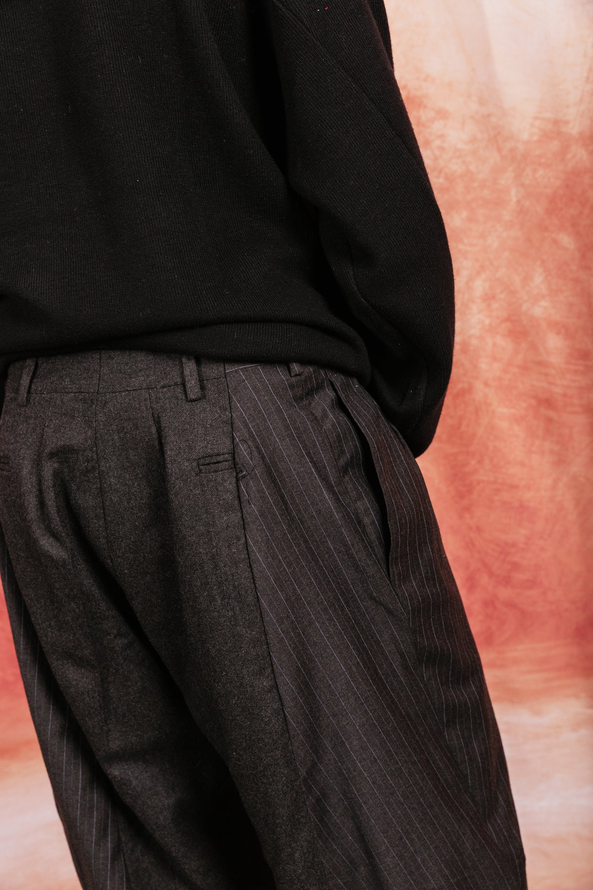 VT Rework: Oversized Wool Felt Pinstripe Patch Suit Trousers | Medium, Charcoal