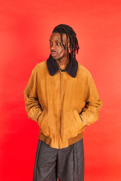 1990's Burberry Tan Leather Wool Trim Bomber Jacket