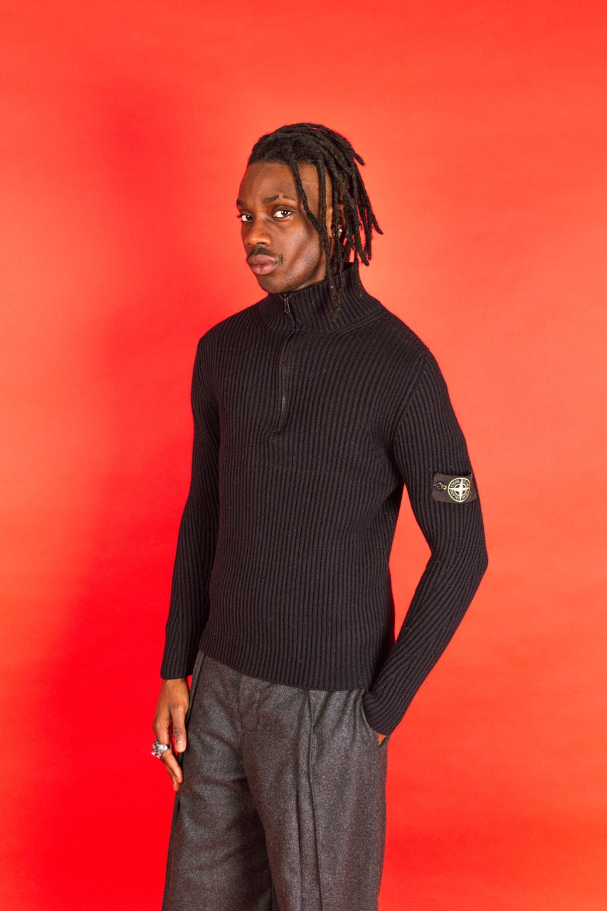 A/W 2004 Stone Island Navy Ribbed Knit 1/4 Zip Sweater