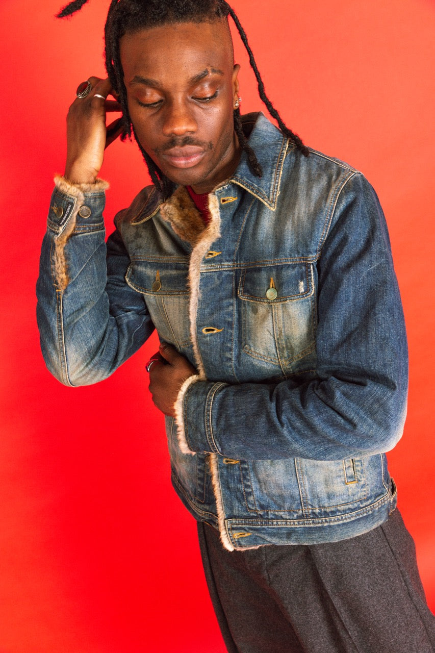 Dolce and Gabbana Rabbit Fur Lined Distressed Denim Western Jacket