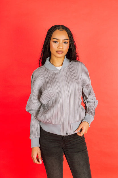 Issey Miyake Pleats Please Grey Pleated Cropped Bomber Jacket