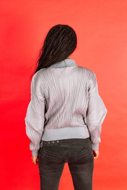 Issey Miyake Pleats Please Grey Pleated Cropped Bomber Jacket