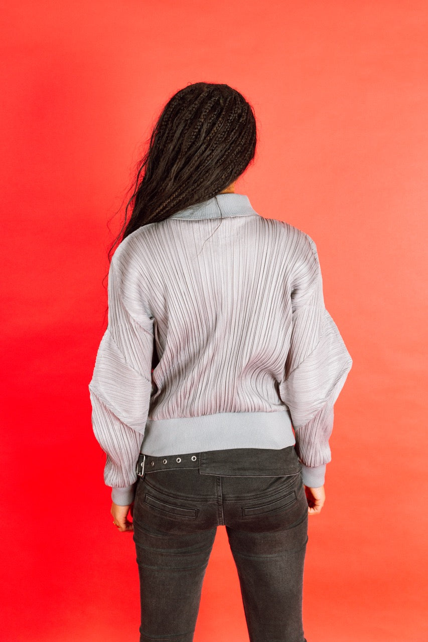 Issey Miyake Pleats Please Grey Pleated Cropped Bomber Jacket