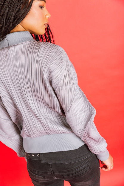 Issey Miyake Pleats Please Grey Pleated Cropped Bomber Jacket