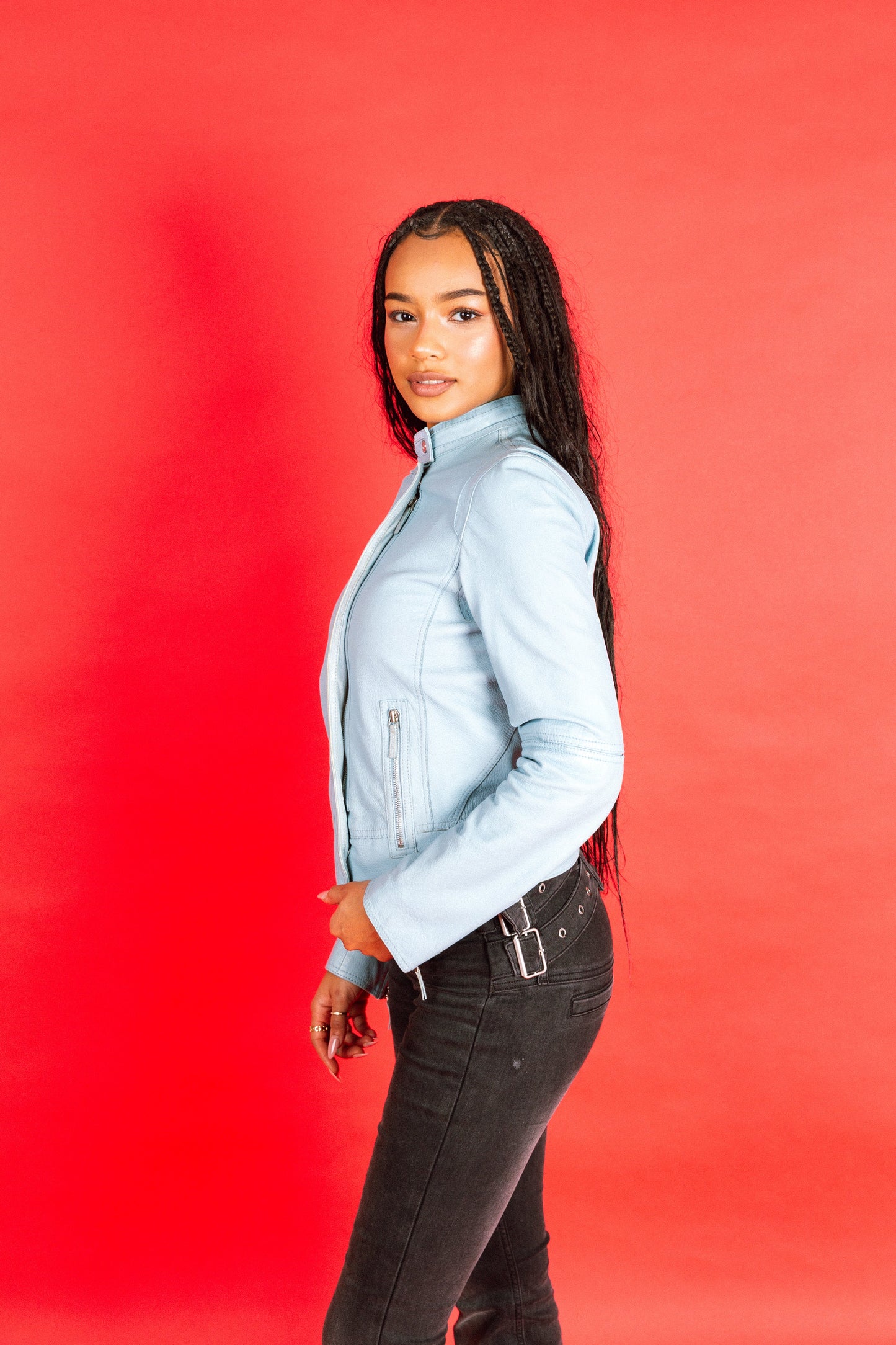 1970s Gucci Baby Blue Asymmetrical Leather Jacket SC: 5782