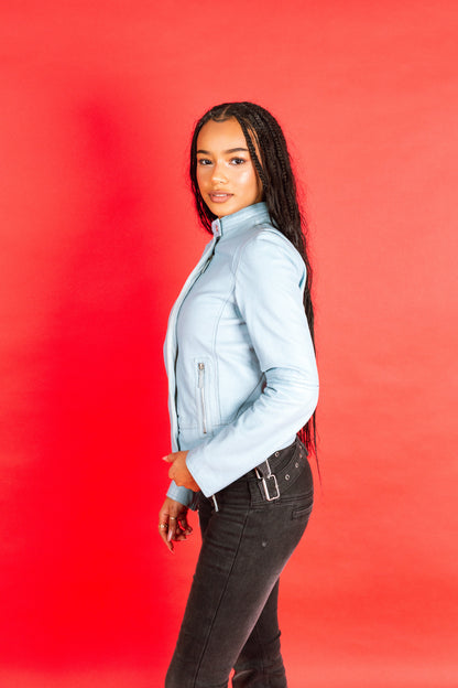 1970s Gucci Baby Blue Asymmetrical Leather Jacket SC: 5782