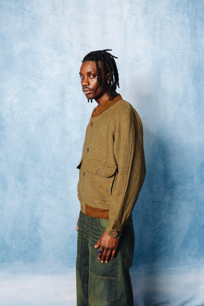 1990's Burberry Khaki Tweed Knit Collar Bomber Jacket