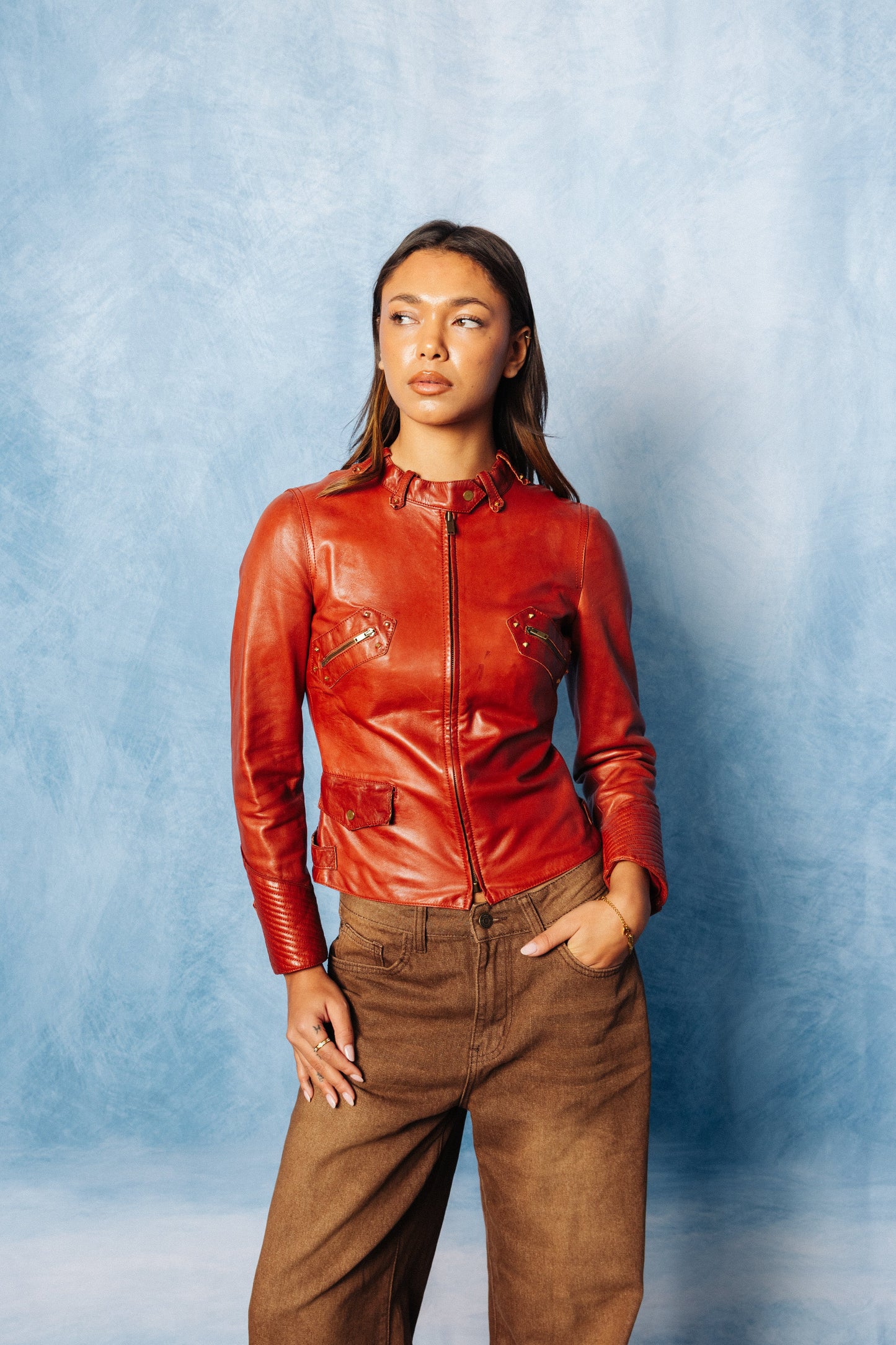 Gucci 2001 Tom Ford Red Leather Gold Studded Jacket