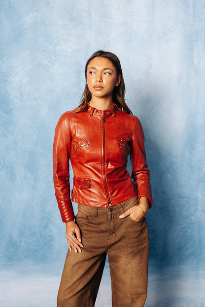 Gucci 2001 Tom Ford Red Leather Gold Studded Jacket