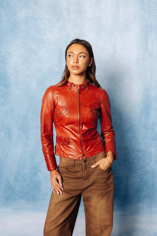 Gucci 2001 Tom Ford Red Leather Gold Studded Jacket