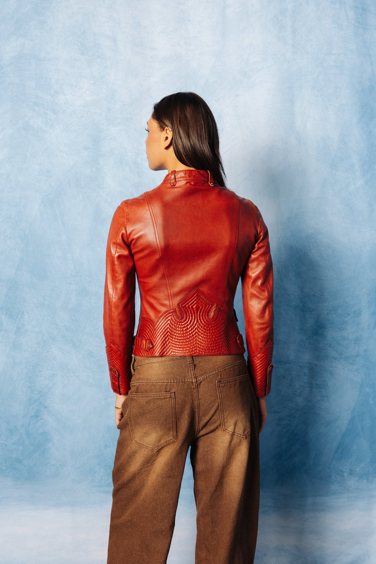 Gucci 2001 Tom Ford Red Leather Gold Studded Jacket