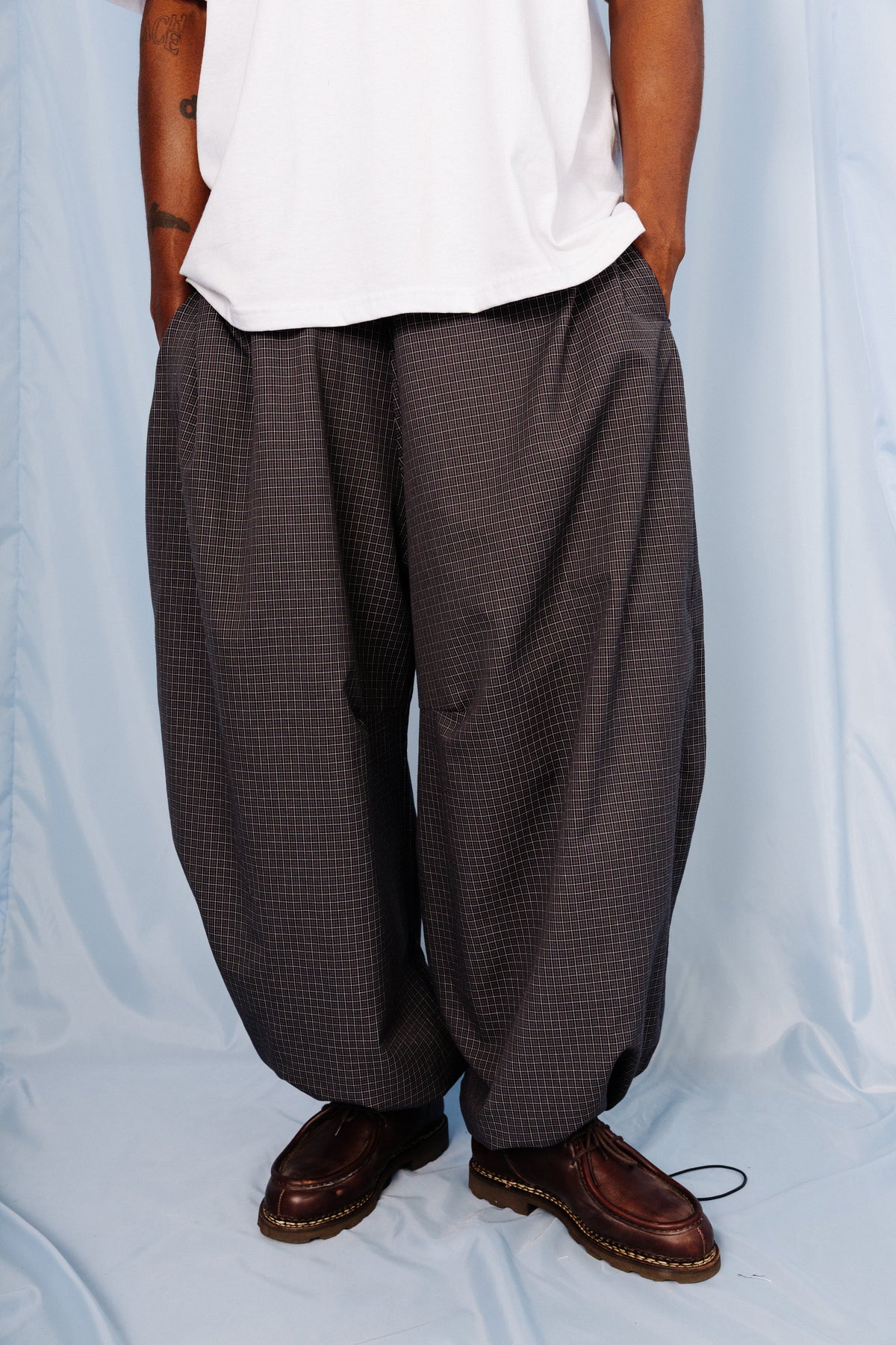 VT Rework: Blue Plaid Oversized Balloon Tech Trousers | Large, Multicoloured