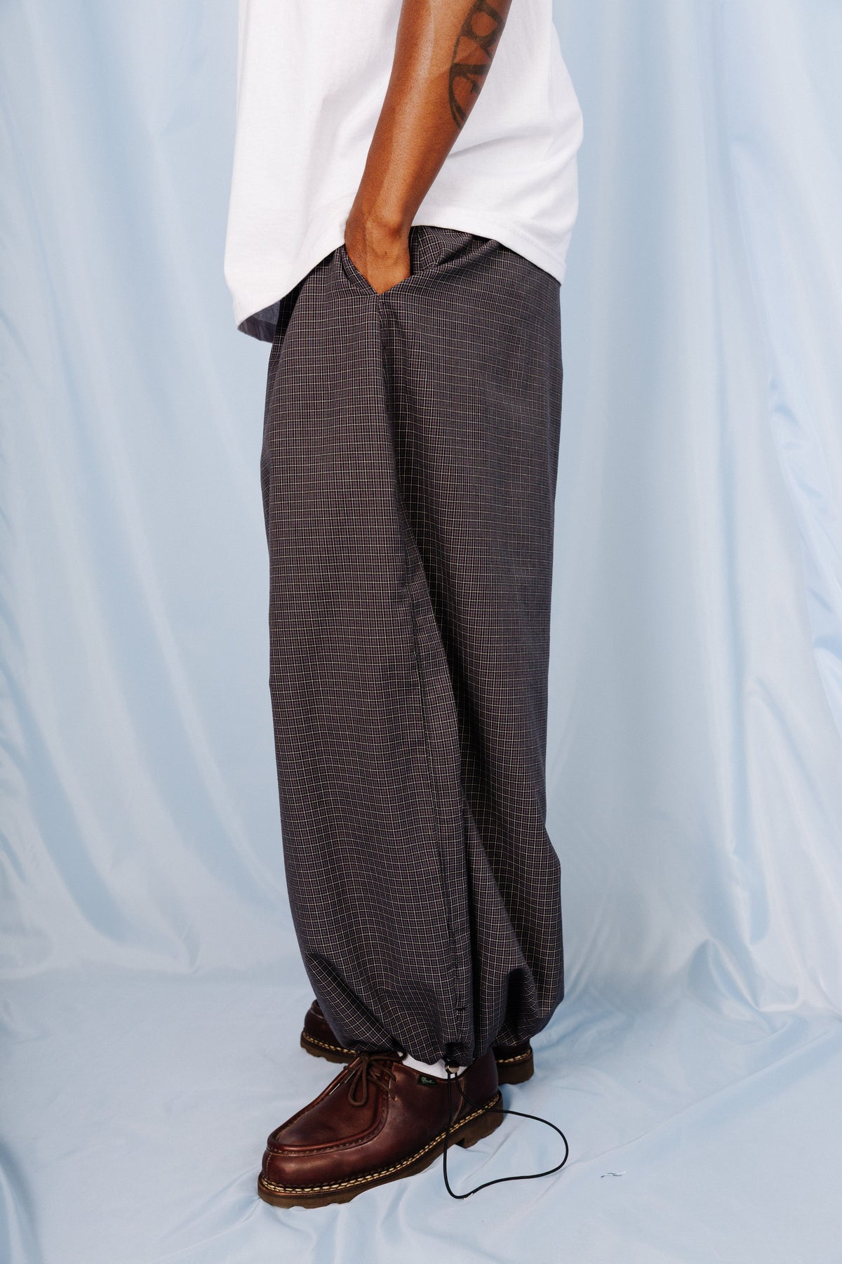 VT Rework: Blue Plaid Oversized Balloon Tech Trousers | Large, Multicoloured