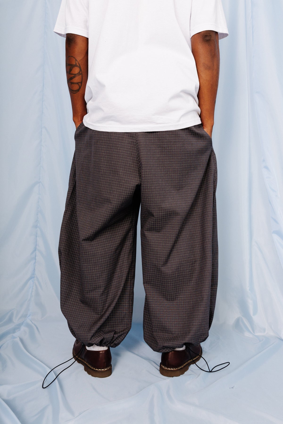 VT Rework: Blue Plaid Oversized Balloon Tech Trousers | Large, Multicoloured