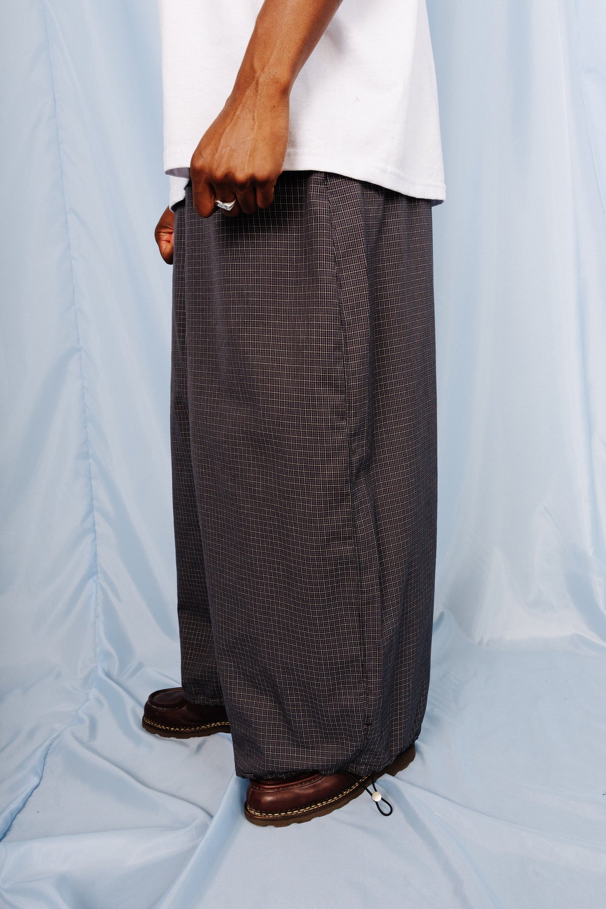 VT Rework: Blue Plaid Oversized Balloon Tech Trousers | Large, Multicoloured