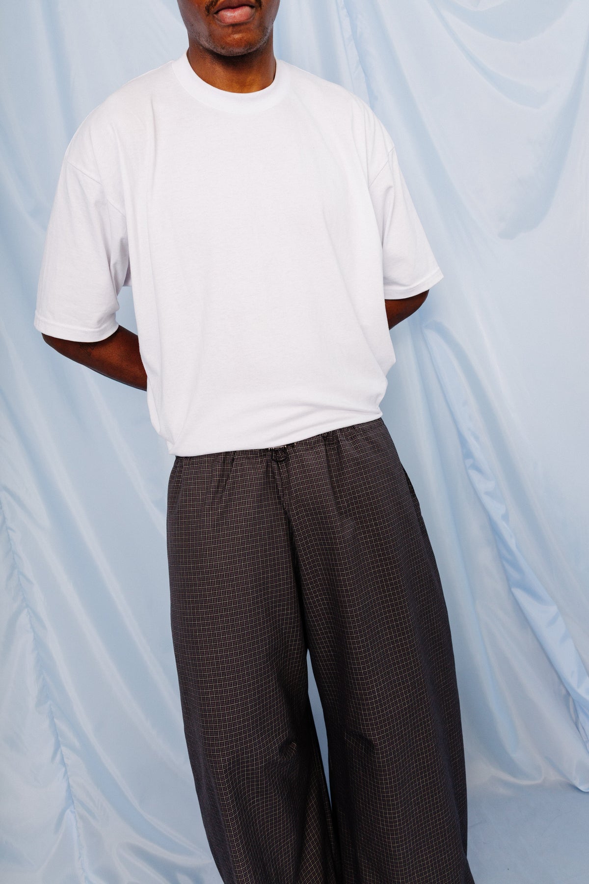 VT Rework: Blue Plaid Oversized Balloon Tech Trousers | Large, Multicoloured