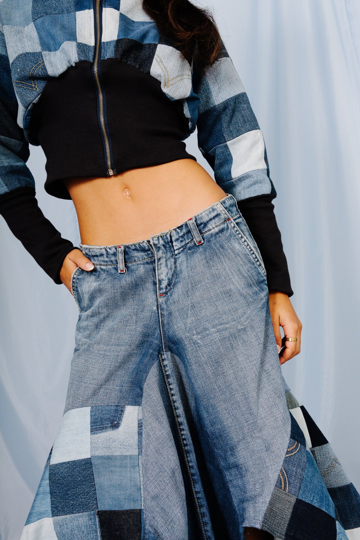 VT Rework: Patchwork Denim Pleated Midi Skirt | Medium, Multicoloured