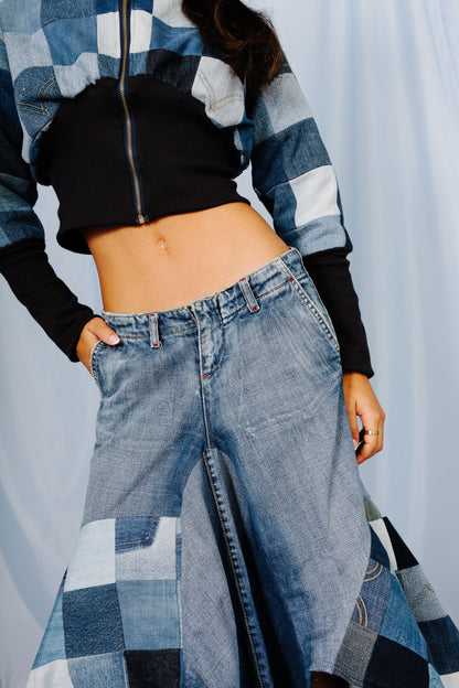 VT Rework: Patchwork Denim Pleated Midi Skirt | Medium, Multicoloured