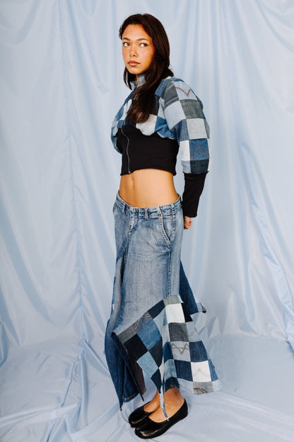 VT Rework: Patchwork Denim Pleated Midi Skirt | Medium, Multicoloured