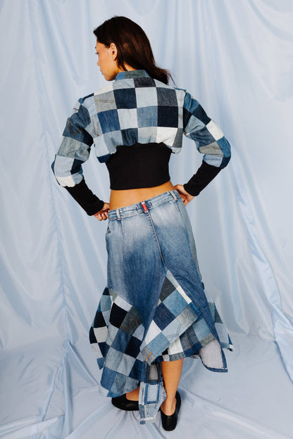 VT Rework: Patchwork Denim Pleated Midi Skirt | Medium, Multicoloured