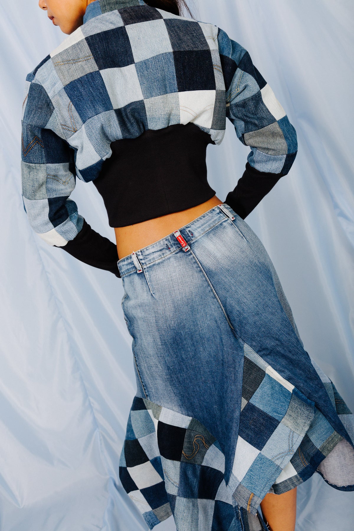 VT Rework: Patchwork Denim Pleated Midi Skirt | Medium, Multicoloured