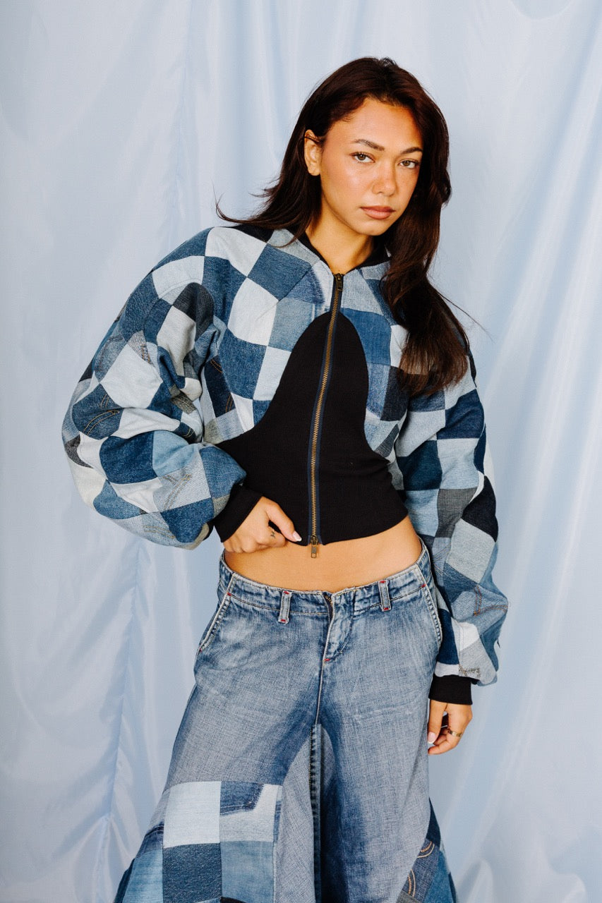 VT Rework: Cropped Denim Oversized Sleeve Patchwork Bomber Jacket | Medium, Multicoloured