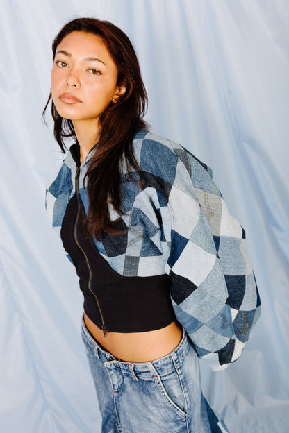 VT Rework: Cropped Denim Oversized Sleeve Patchwork Bomber Jacket | Medium, Multicoloured