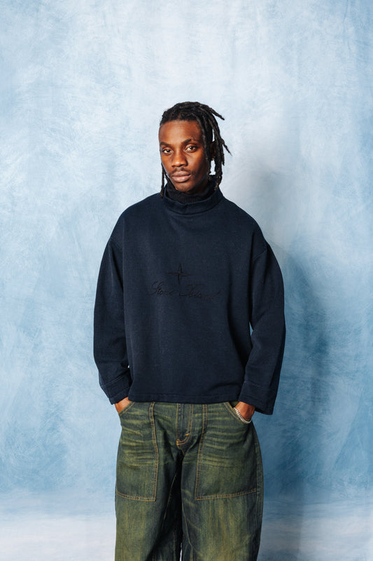 S/S 1987 Stone Island Script Logo Double Collar Fisherman Sweater