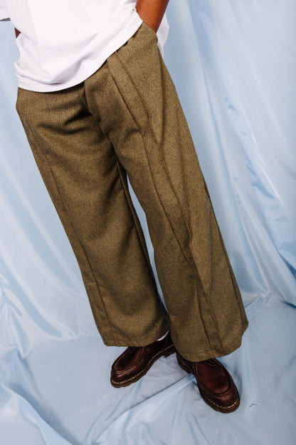 VT Rework: Khaki Tweed Oversized Pleated Trousers | Large, Multicoloured