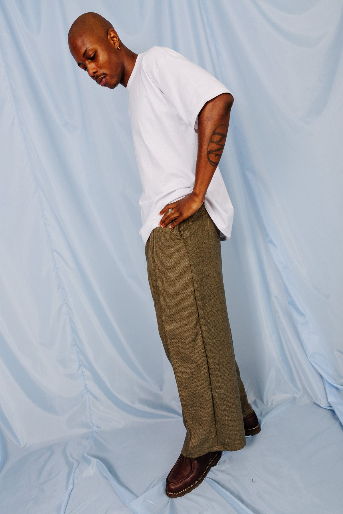 VT Rework: Khaki Tweed Oversized Pleated Trousers | Large, Multicoloured