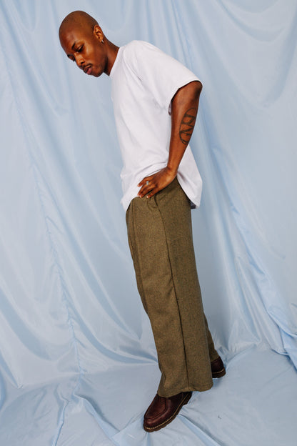 VT Rework: Khaki Tweed Oversized Pleated Trousers | Large, Multicoloured