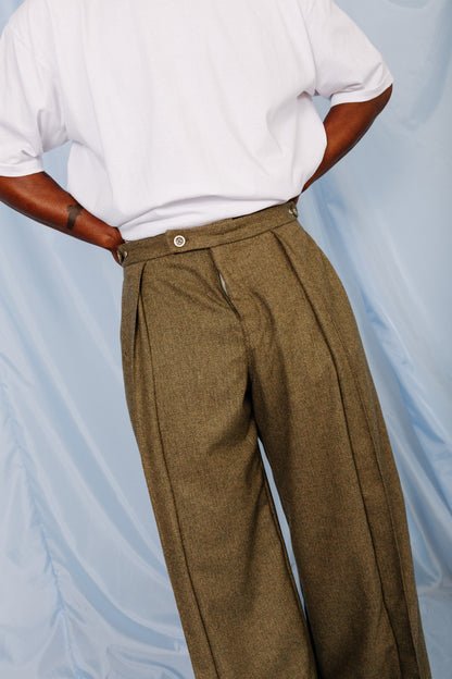 VT Rework: Khaki Tweed Oversized Pleated Trousers | Large, Multicoloured