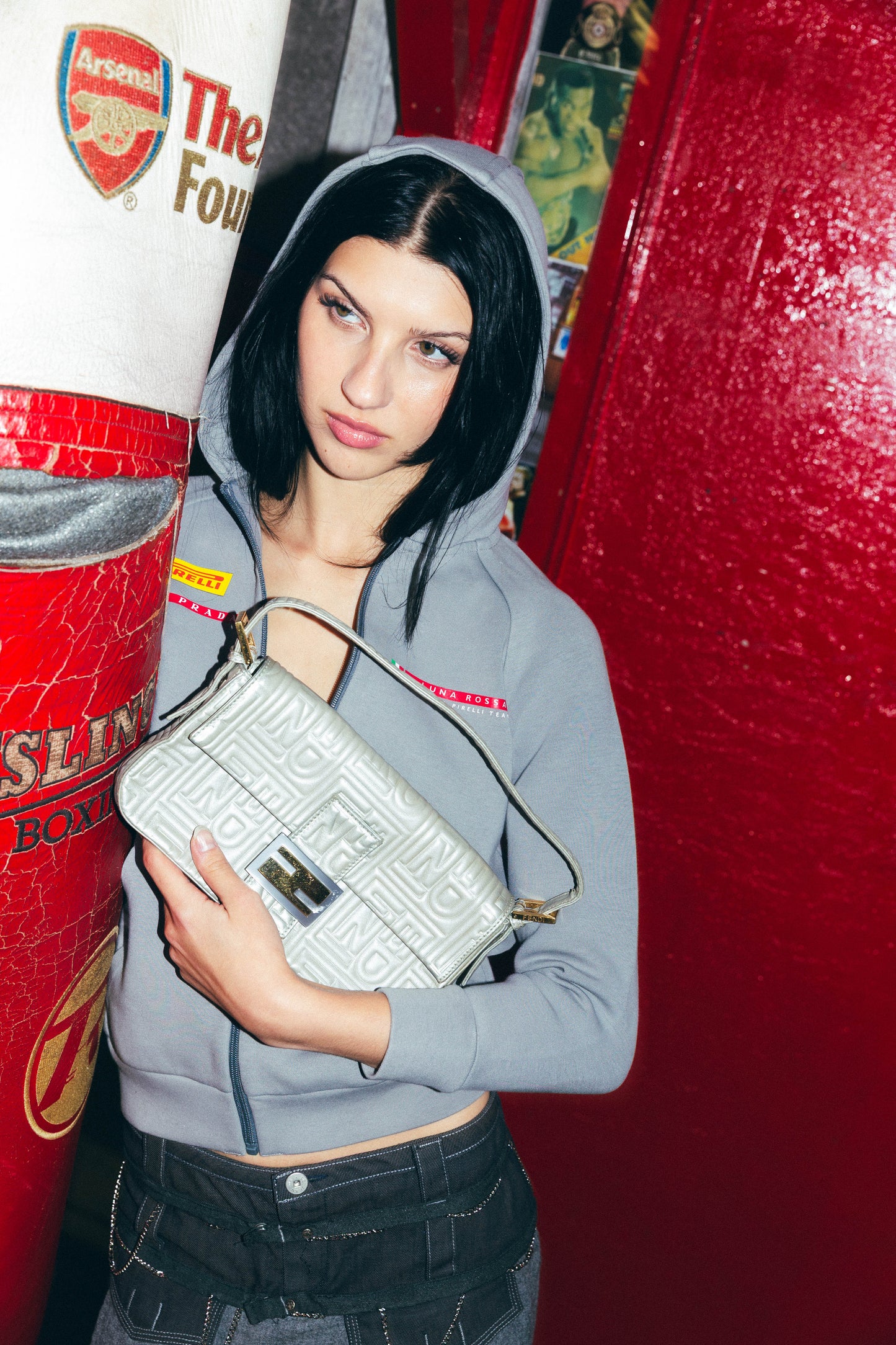 Fendi Logo Embossed Nappa Leather Silver Baguette Bag