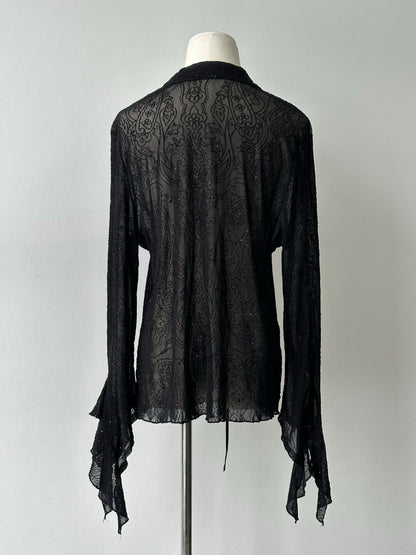 Vintage 1990s Sheer Lace Up Glittery Shirt - M-L