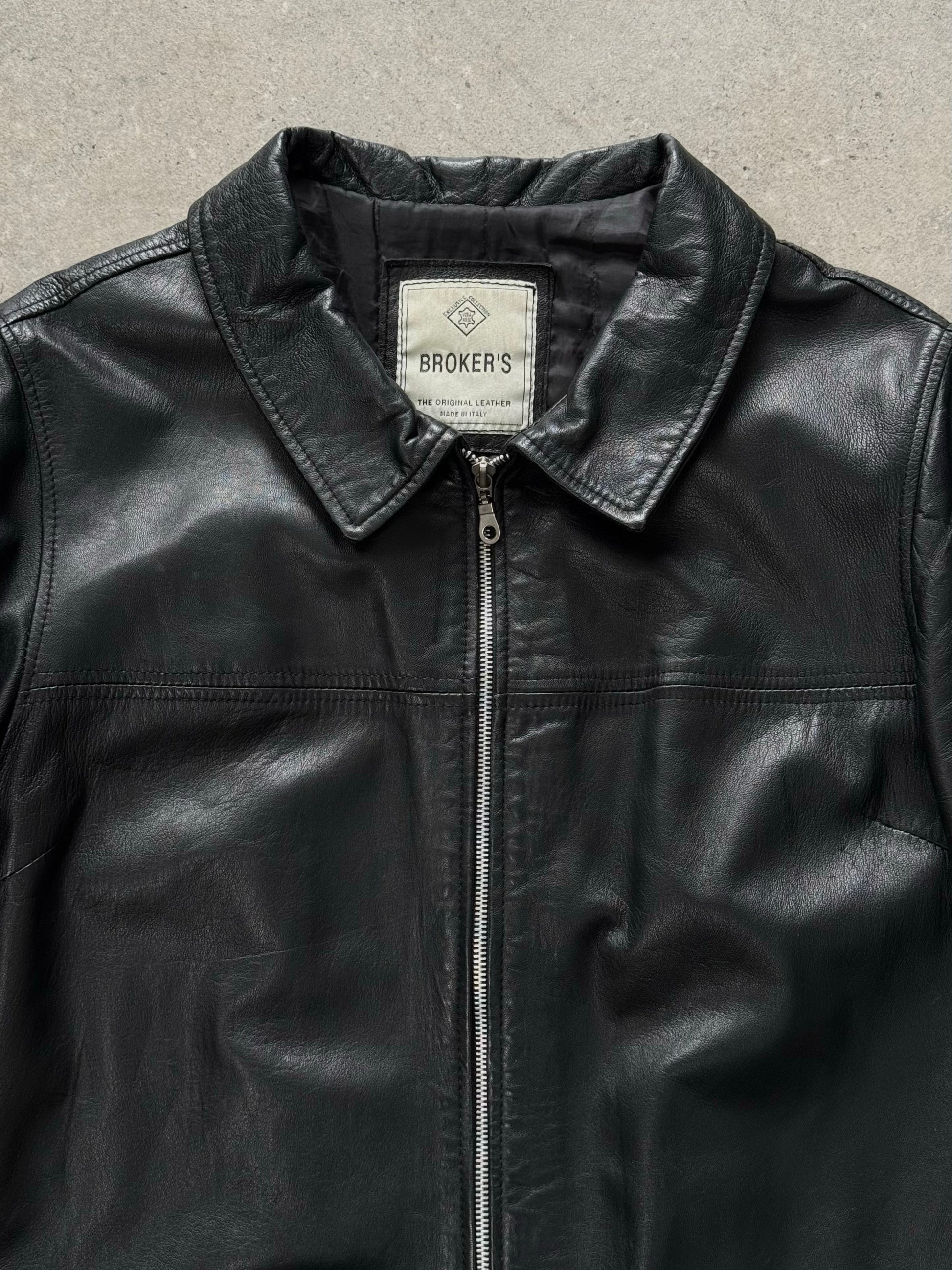 Vintage Italian 1990s leather boxy jacket in brown leather, front view showing classic collar and button details.