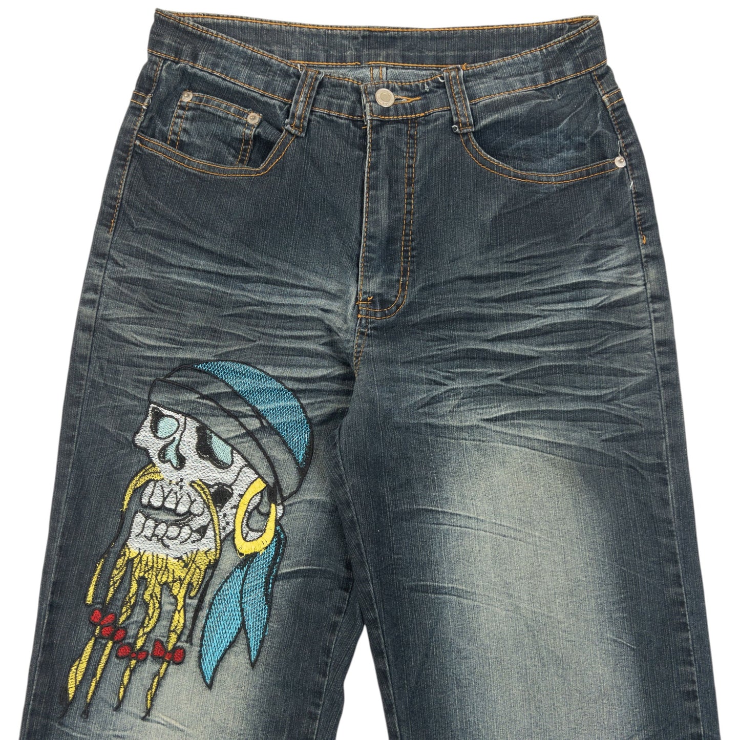 Vintage 2000s Embroidered Skull Pirate Japanese Denim Jeans Size W30 | W30, Multicoloured